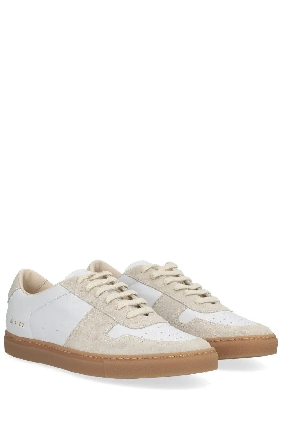 Common Projects women’s bball slim sneaker white with white and beige suede leather low-top design and tan rubber sole