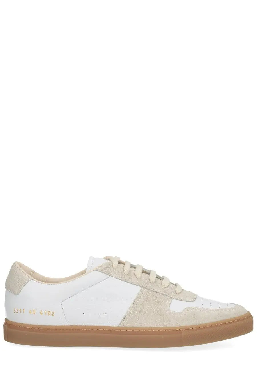 Common Projects women’s Bball Slim sneaker white in white and beige suede with tan rubber sole front view