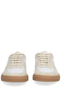 Common Projects women’s bball slim sneaker in cream suede and white leather with tan rubber sole low-top design