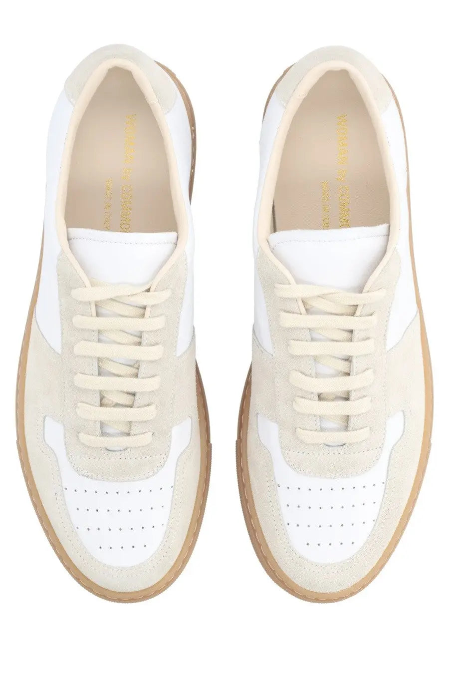 Common Projects women’s Bball slim sneaker in cream and white suede and leather with tan rubber low-top soles