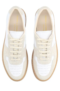 Common Projects women’s Bball slim sneaker in cream and white suede and leather with tan rubber low-top soles