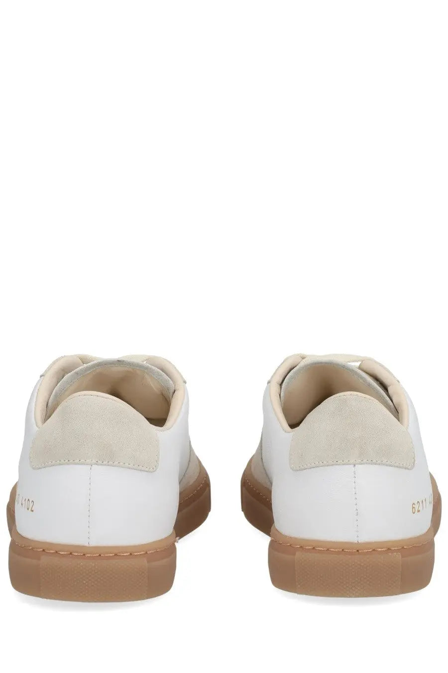 Common projects women’s bball slim sneaker white with white leather, beige suede accents, and tan rubber soles