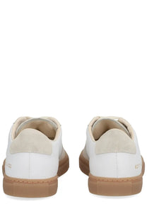 Common projects women’s bball slim sneaker white with white leather, beige suede accents, and tan rubber soles
