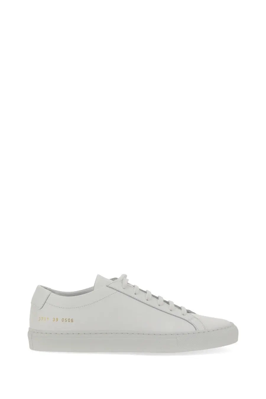 Common projects women’s low original achilles sneaker white leather low-top with minimalist design and gold heel branding back view