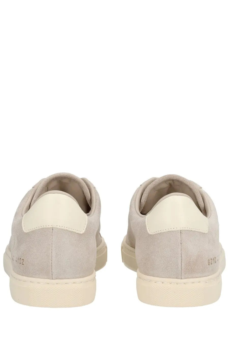 Common projects women’s retro vintage sneaker in light gray suede with cream rubber soles and heel tabs
