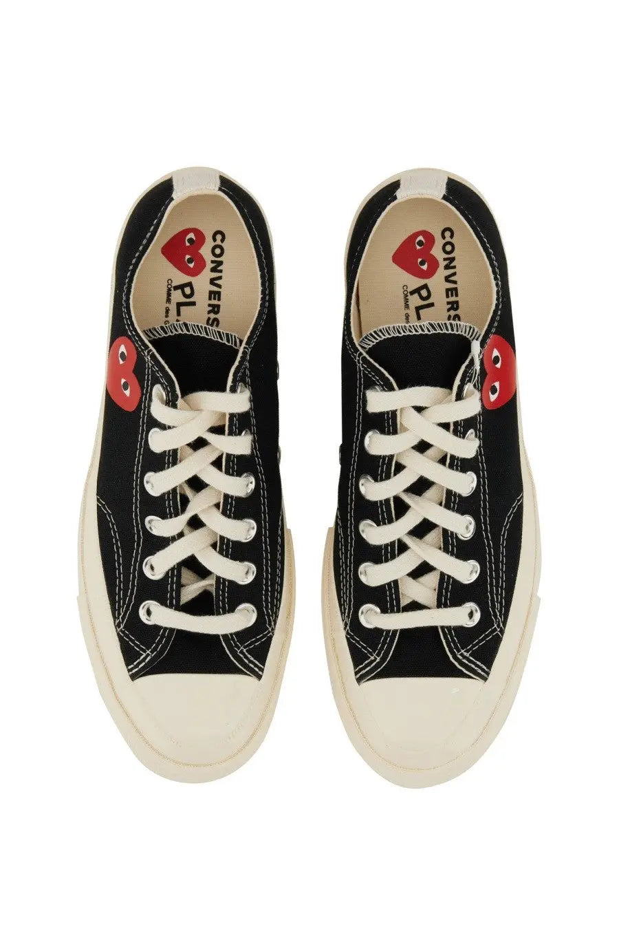 Converse men’s chuck taylor sneaker black canvas with white laces cream sole and red heart-shaped patches on sides