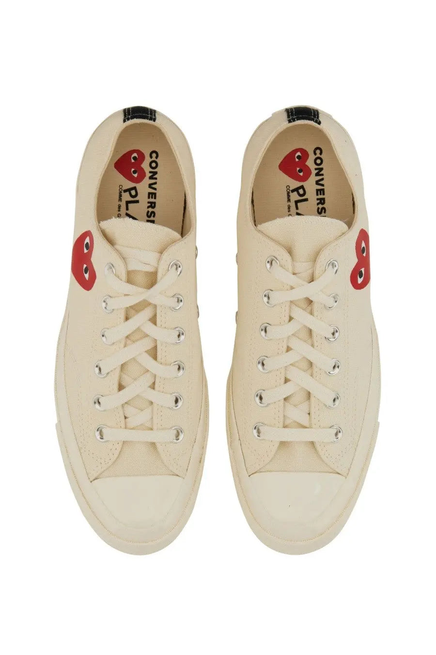 Converse men’s chuck taylor cream-colored canvas sneakers with red heart-shaped eye patches and matching branding inside