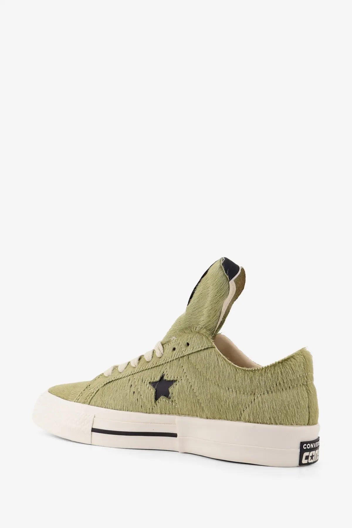 Converse men’s high-top sneaker in olive green suede with black star logo and white rubber sole for casual wear