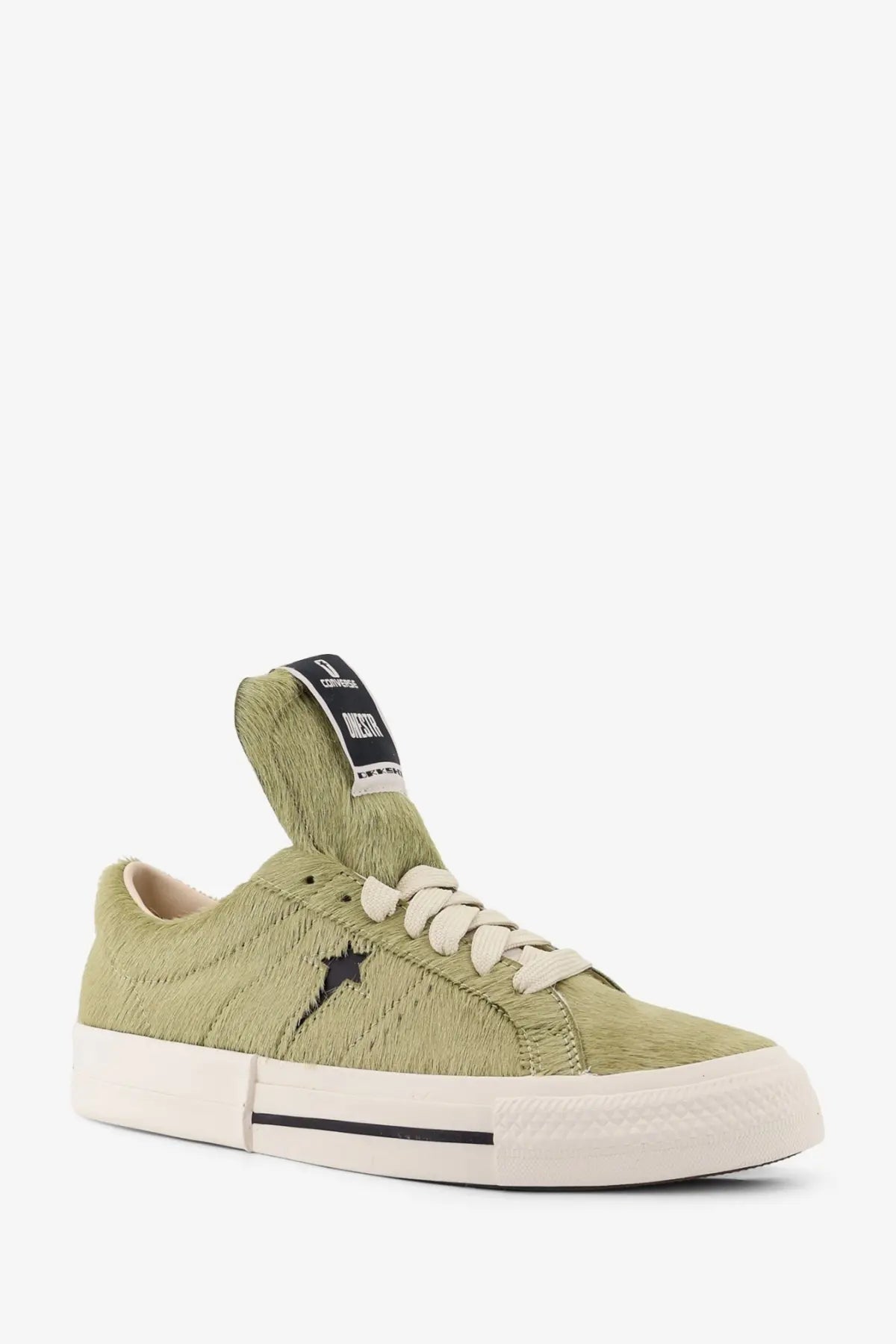 Converse men’s faux fur sneakers in black with olive green textured canvas one star design cream laces white sole