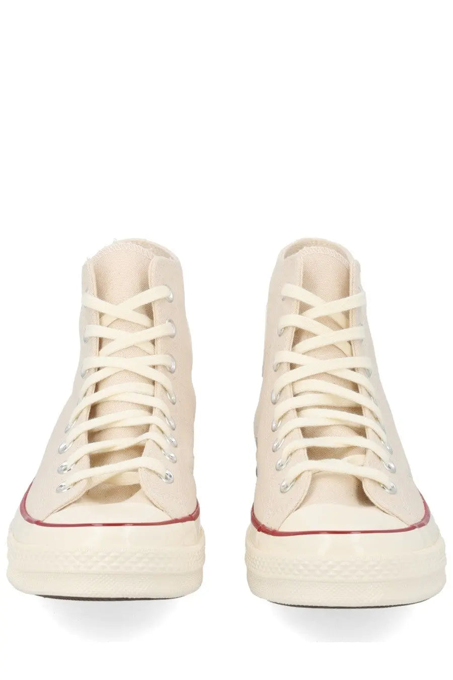 Converse unisex chuck sneaker beige cream canvas high-top with red rubber soles and matching laces featuring classic branding