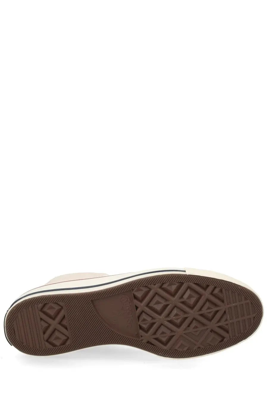 Cream-colored converse unisex chuck sneaker with brown rubber sole and black stripe featuring diamond-patterned tread