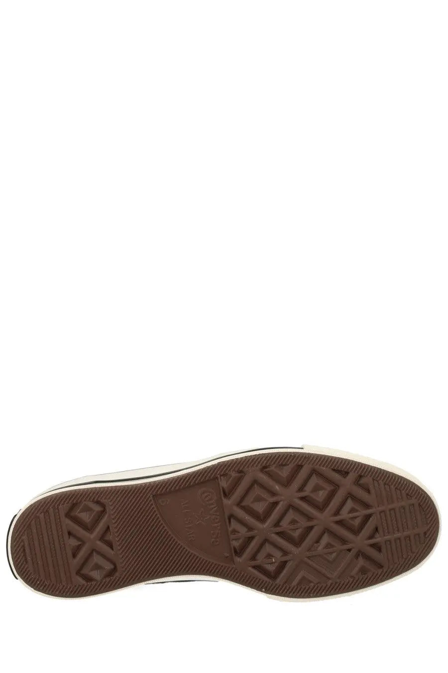 Back view of converse unisex chuck sneaker black showing brown rubber sole with diamond tread and embossed logo on heel