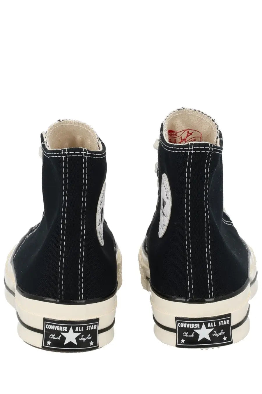 Black high-top Converse Unisex Chuck sneaker with white stitching and rubber soles made of canvas material