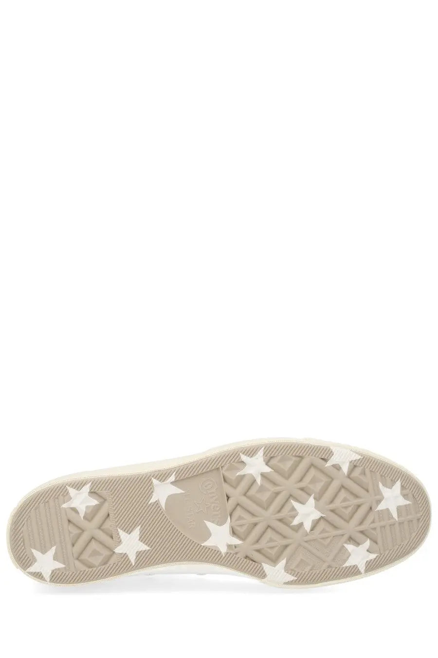Beige star-patterned rubber sole with textured diamond grid design on white converse unisex chuck sneaker