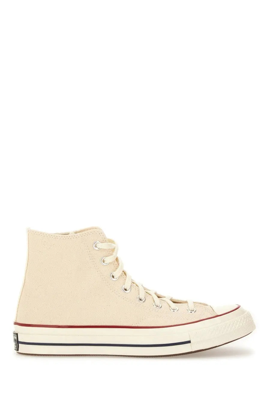 Converse unisex chuck vintage sneaker beige cream canvas high top with red and black rubber sole accents