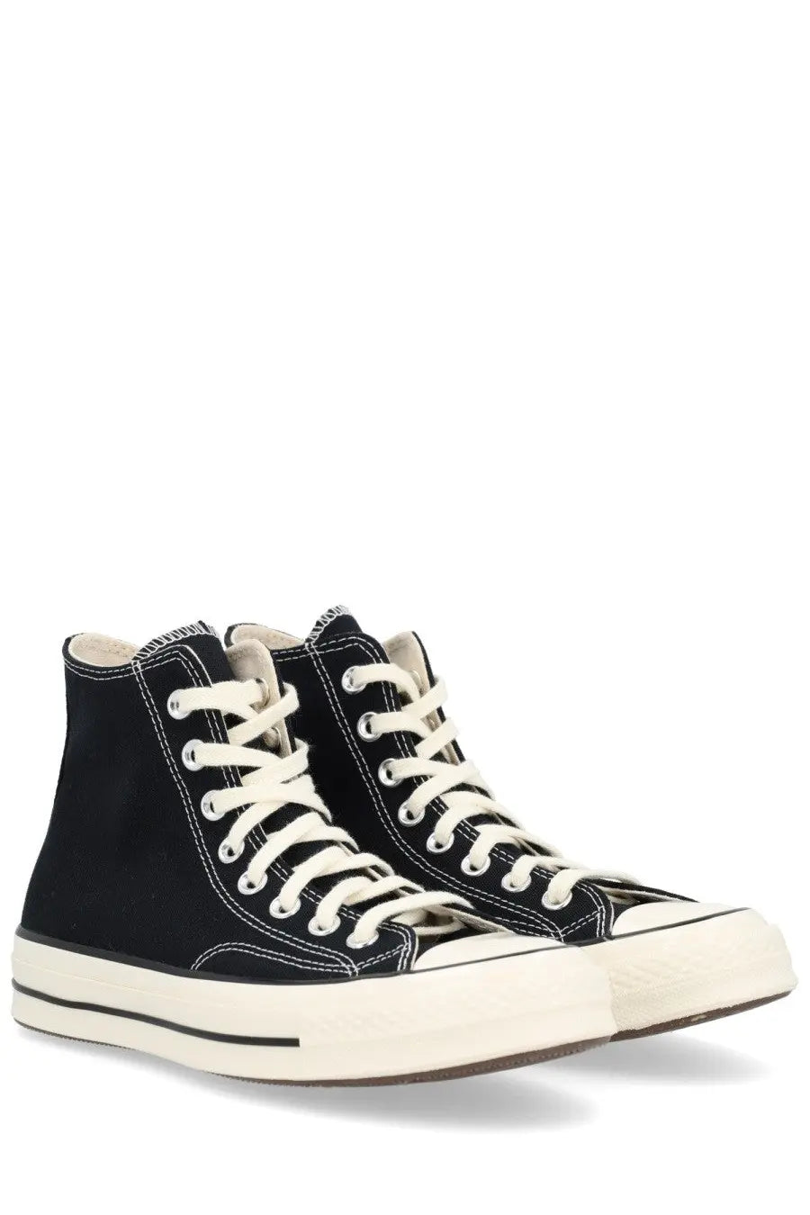 Black high-top Converse unisex Chuck Vintage sneaker with cream-colored laces and rubber soles