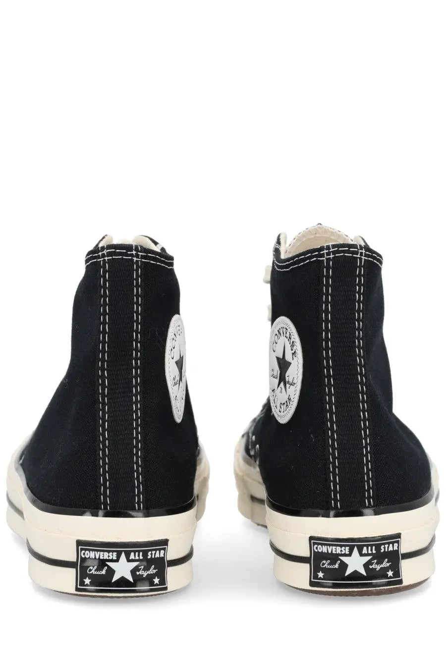 Black Converse unisex Chuck vintage high-top sneakers with white stitching rubber soles and star logo patches