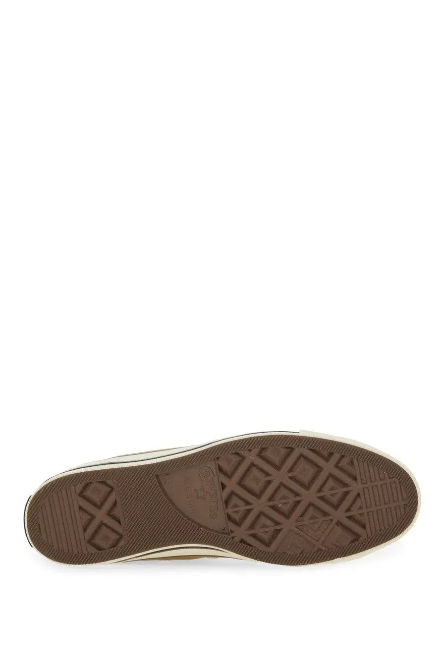 Brown rubber sole with classic diamond tread and embossed converse logo on the heel of converse unisex chuck vintage green sneaker