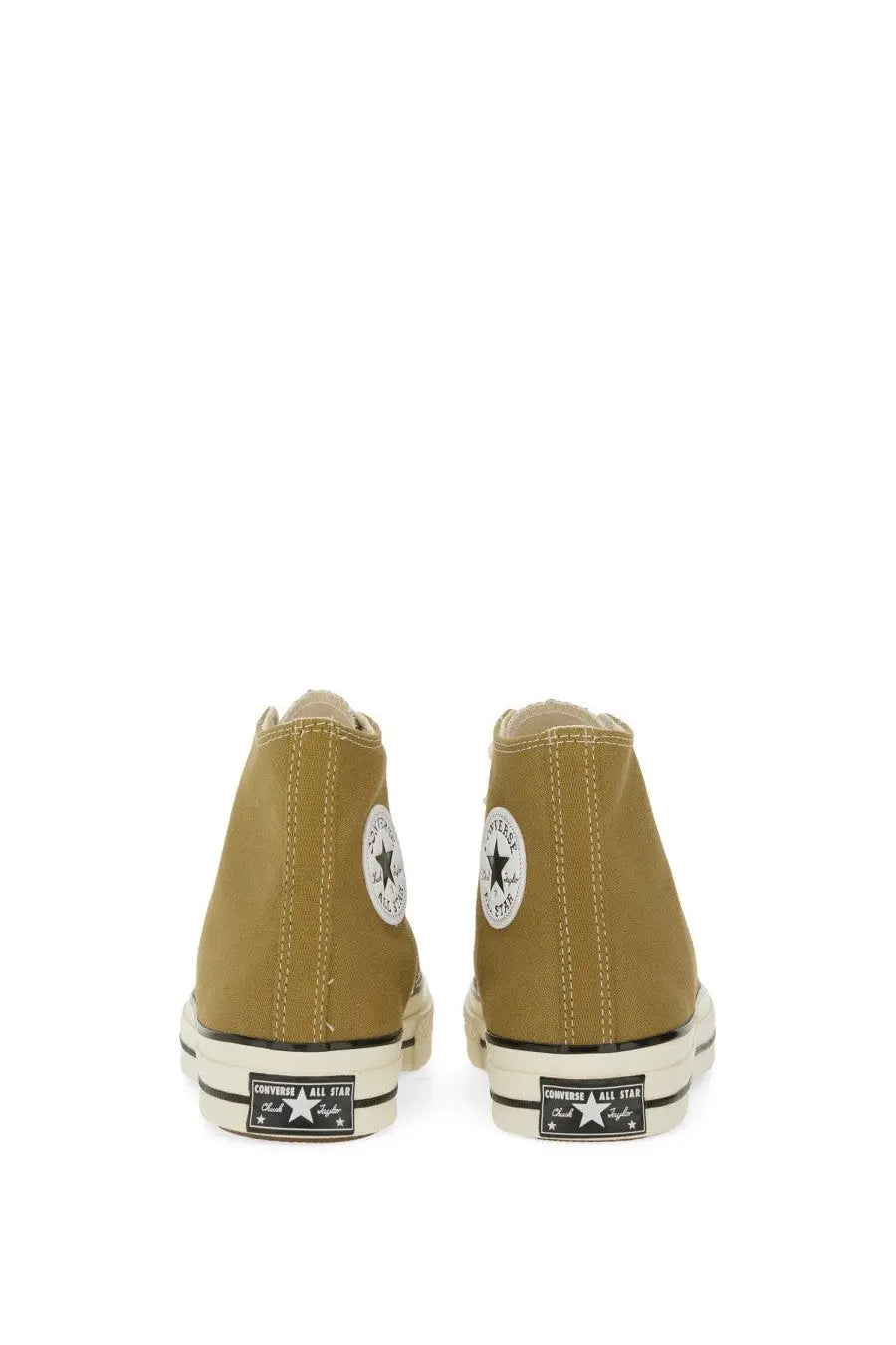 Olive green canvas high-top sneakers with white rubber soles and black star logo patches by converse unisex chuck vintage
