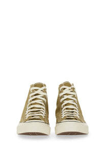 Olive green high-top canvas Converse unisex Chuck vintage sneakers with white laces and cream rubber sole