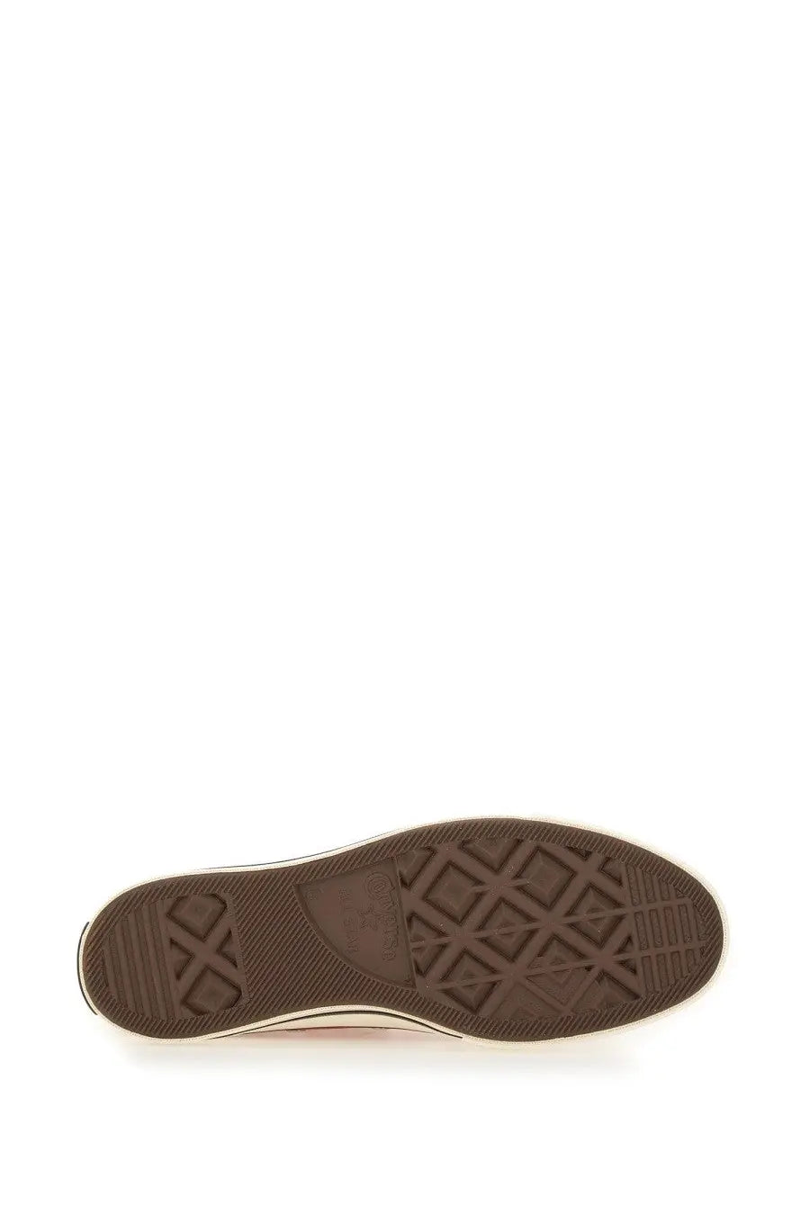 Brown rubber sole with diamond tread pattern and converse logo on the heel of a red converse unisex chuck vintage sneaker