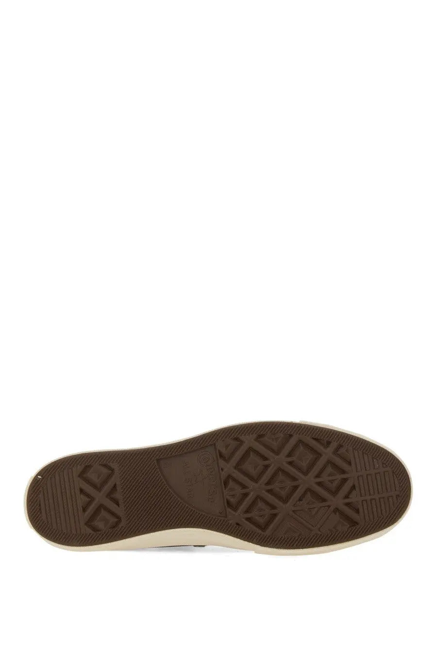 Brown rubber sole with classic diamond tread pattern and white sidewall on converse unisex sneaker black