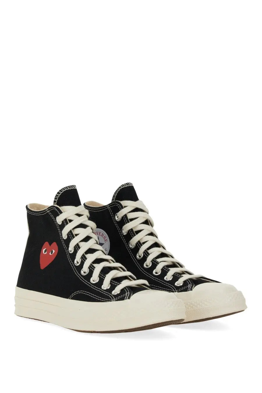 Converse unisex sneaker black high-top canvas shoe with white laces red heart emblem and classic rubber sole