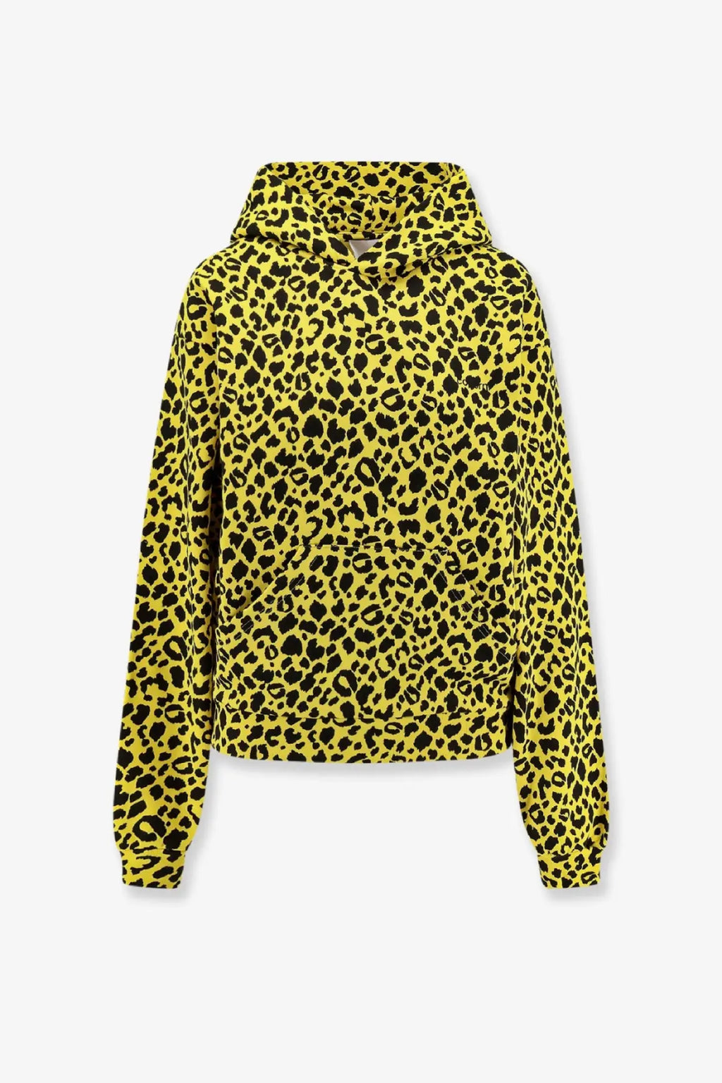 Bright yellow leopard-print coperni men’s cotton hoodie with black spots and a front pocket