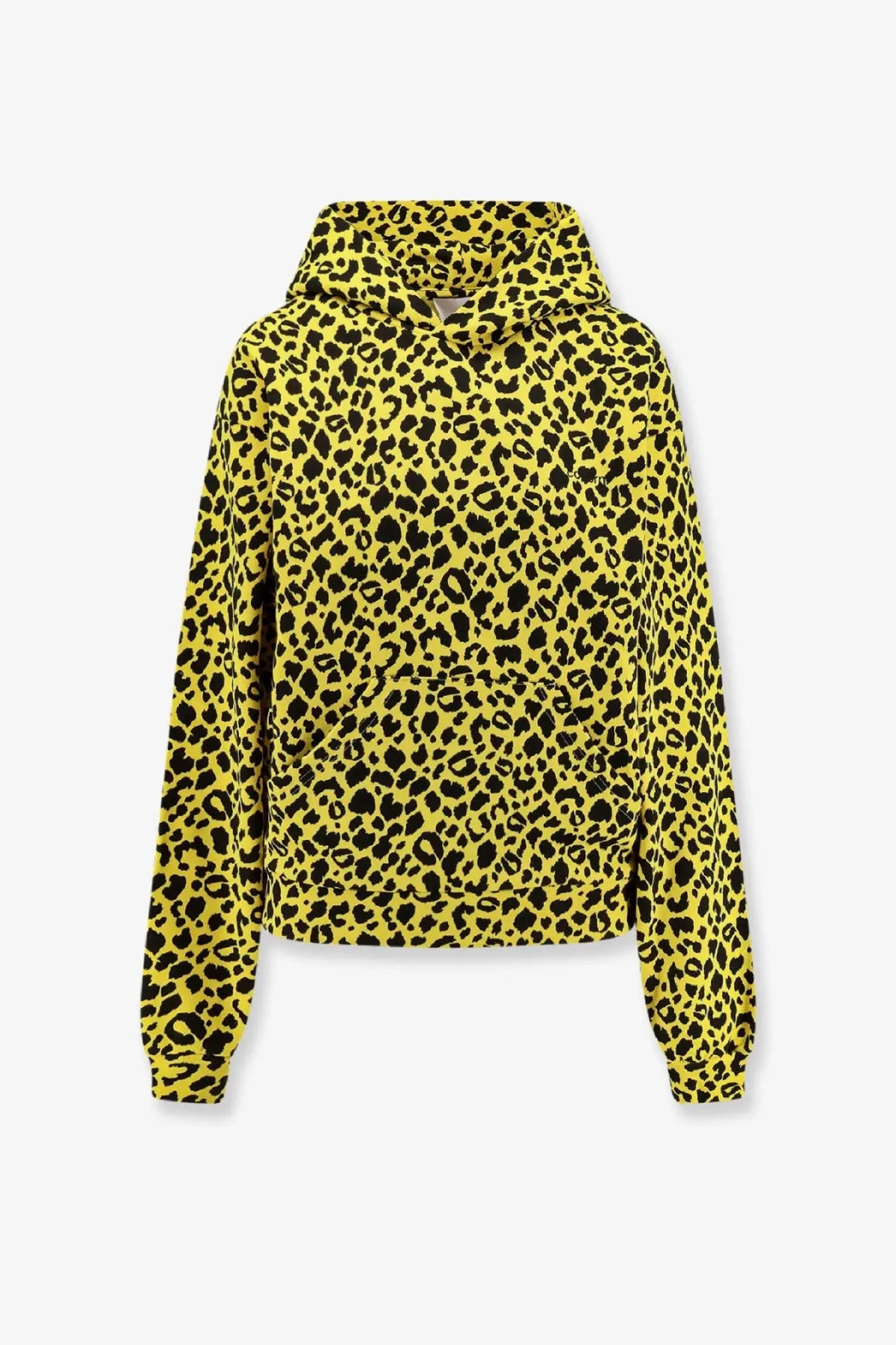 Bright yellow leopard-print coperni men’s cotton hoodie with black spots and a front pocket