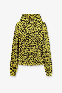 Bright yellow leopard-print coperni men’s cotton hoodie with black spots and a front pocket