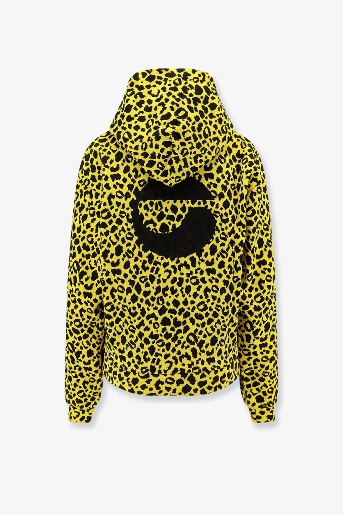 Back side of a yellow leopard-print cotton hoodie with a black stylized cat logo by Coperni men