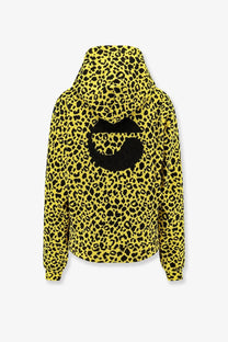 Back side of a yellow leopard-print cotton hoodie with a black stylized cat logo by Coperni men