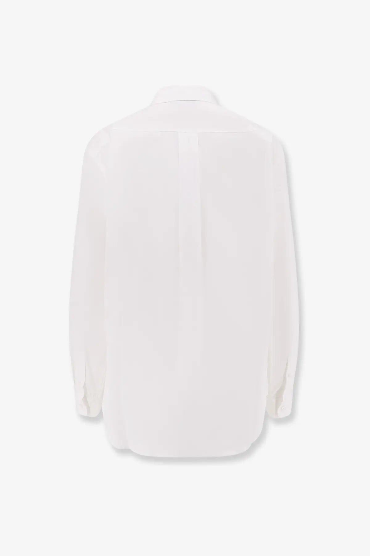 Back view of coperni women’s boyfriend popeline cotton shirt white with long sleeves and subtle vertical seam