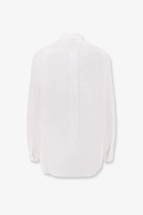 Back view of coperni women’s boyfriend popeline cotton shirt white with long sleeves and subtle vertical seam