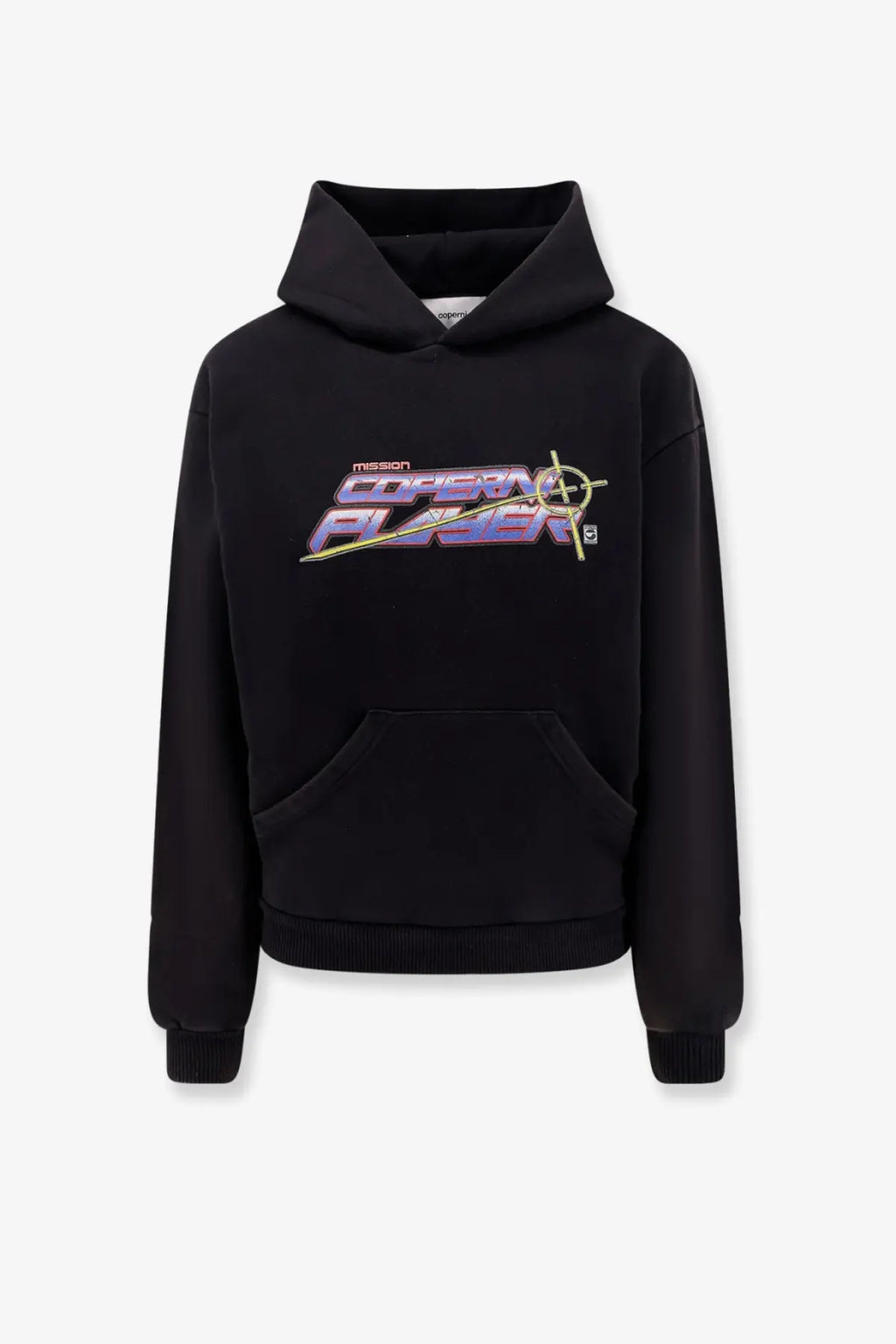 Coperni women’s black cotton hoodie featuring a vibrant mission coastal player graphic with purple pink and gold gradient lettering