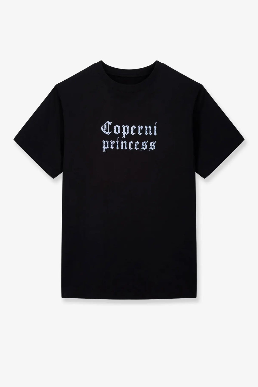 Black short-sleeved cotton t-shirt with coperni princess printed in white gothic font on the chest by Coperni Women’s Disney
