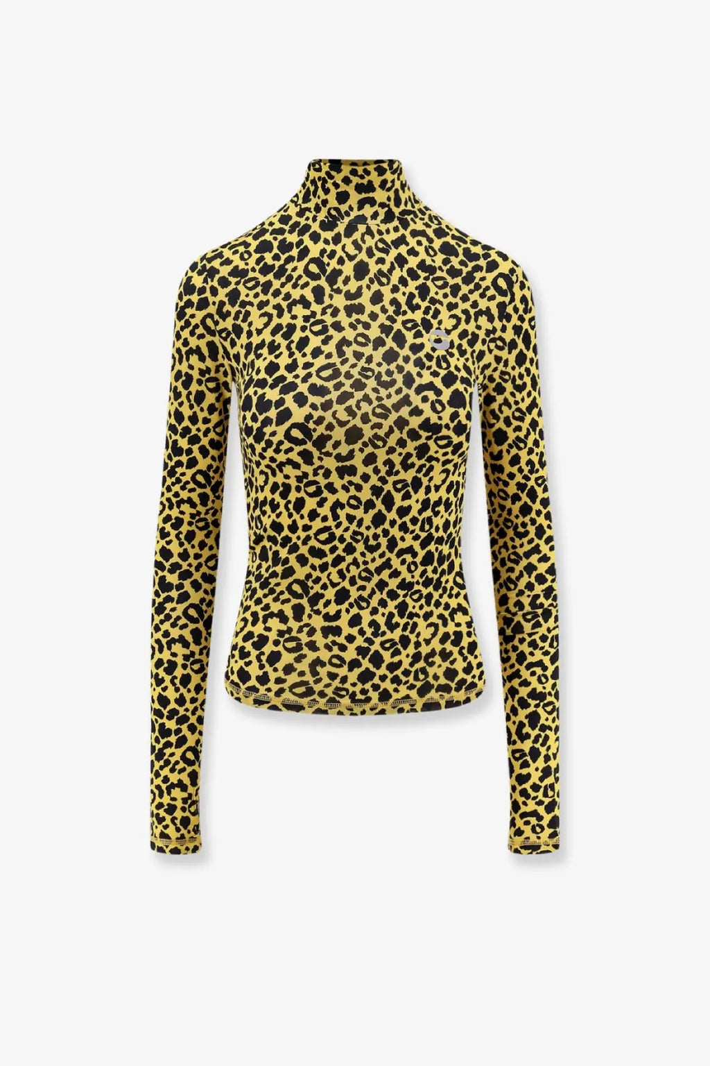 A fitted long-sleeved turtleneck top in bold yellow and black leopard print knitted viscose by coperni women