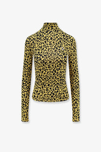 A fitted long-sleeved turtleneck top in bold yellow and black leopard print knitted viscose by coperni women