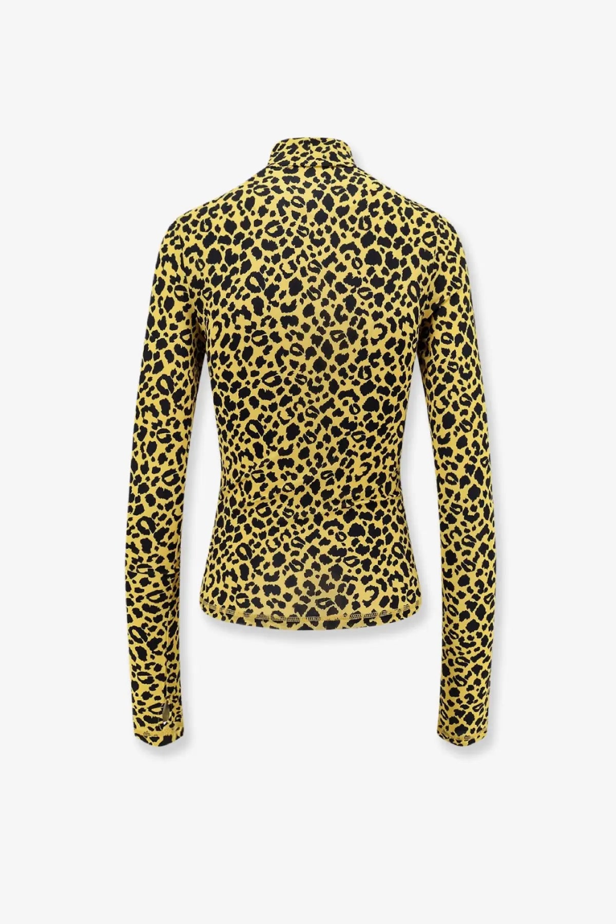 Coperni women’s knitted second skin viscose top in vibrant yellow with bold black leopard print made from stretchy fabric