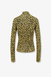 Coperni women’s knitted second skin viscose top in vibrant yellow with bold black leopard print made from stretchy fabric