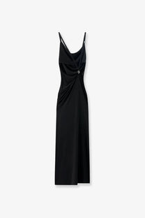 Black satin Coperni women’s stretch fabric long slip dress with thin spaghetti straps and draped front detail