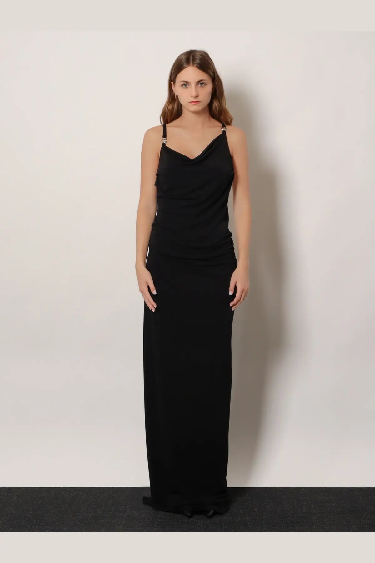 Coperni women’s black satin slip dress with thin straps and draped neckline made from stretch fabric
