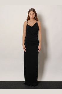 Coperni women’s black satin slip dress with thin straps and draped neckline made from stretch fabric