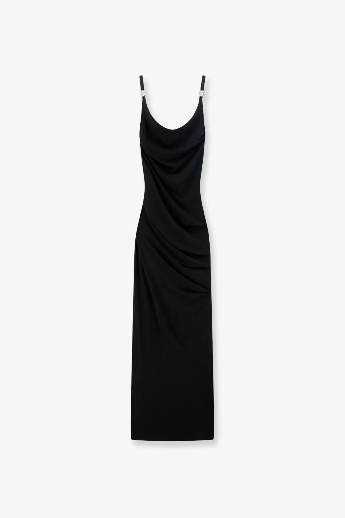 Coperni women’s black sleeveless midi dress with thin straps and draped front made from stretch fabric