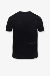 Black short-sleeved coperni tamagotchi organic cotton shirt with minimalist white logo at bottom center