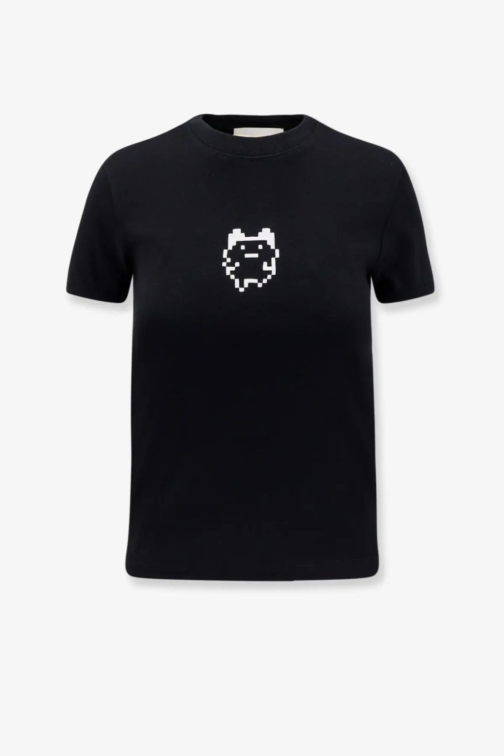 Black short-sleeved organic cotton t-shirt with white pixelated cat graphic on chest by Coperni women’s Coperni Tamagotchi