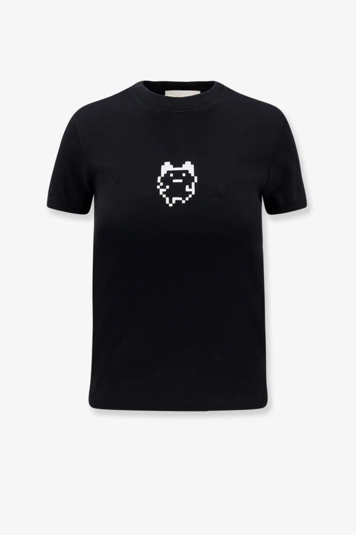 Black short-sleeved organic cotton t-shirt with white pixelated cat graphic on chest by Coperni women’s Coperni Tamagotchi