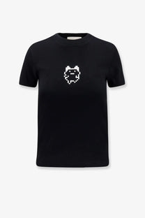 Black short-sleeved organic cotton t-shirt with white pixelated cat graphic on chest by Coperni women’s Coperni Tamagotchi