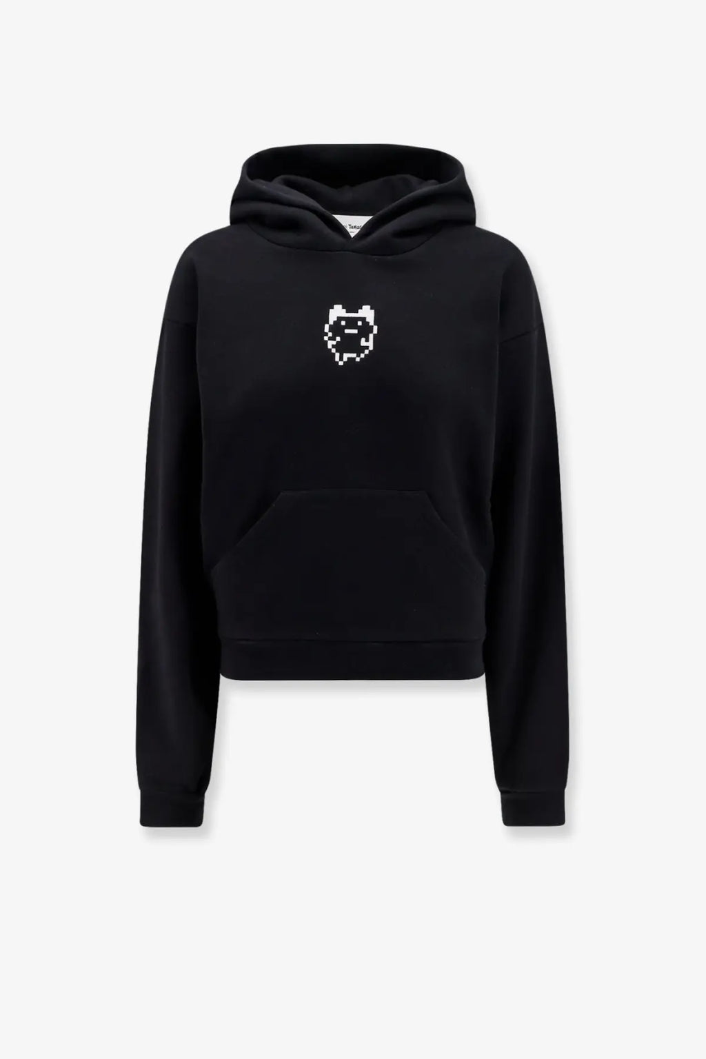 Black cropped hoodie with white pixelated bear face embroidered on chest made of organic cotton by coperni