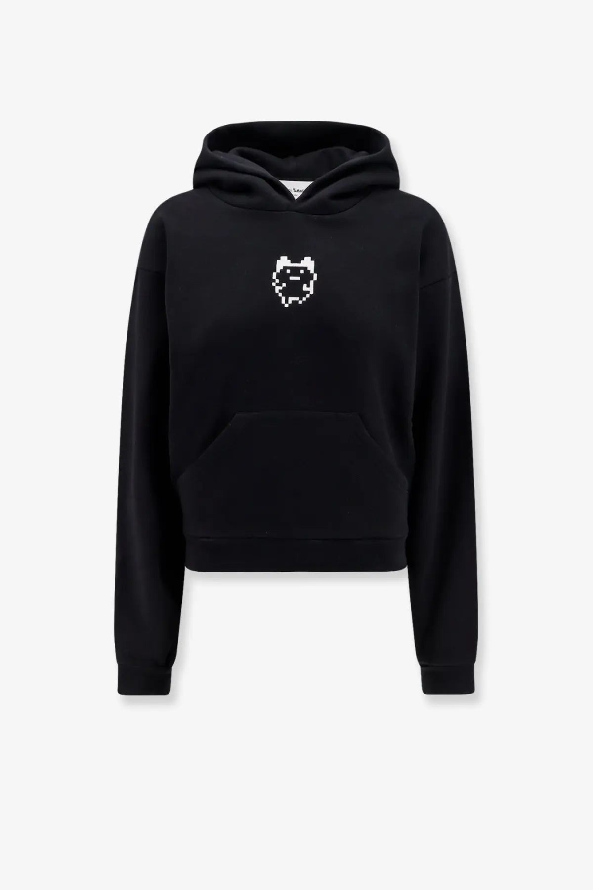 Black cropped hoodie with white pixelated bear face embroidered on chest made of organic cotton by coperni